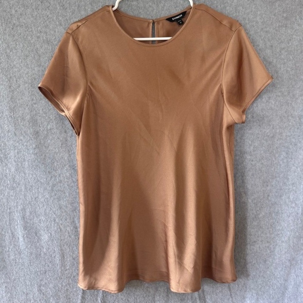 Express Short Sleeve Top Large Brown satin Minimalist quiet luxury chic office